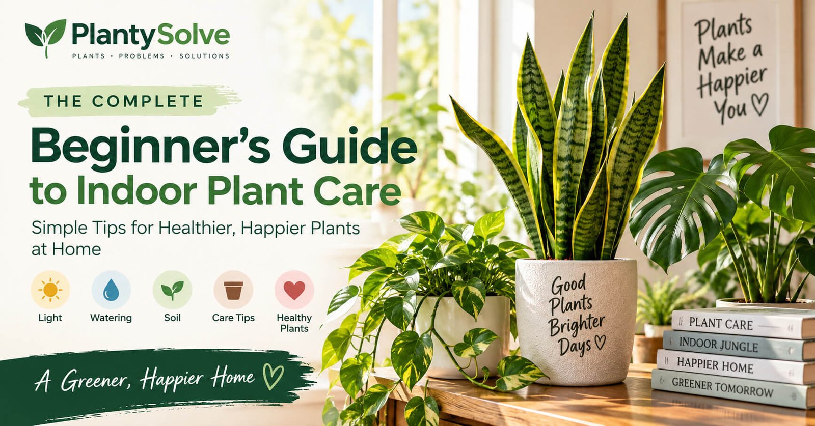 Indoor plant care guide for beginners featuring snake plant, pothos and monstera in a bright room.
