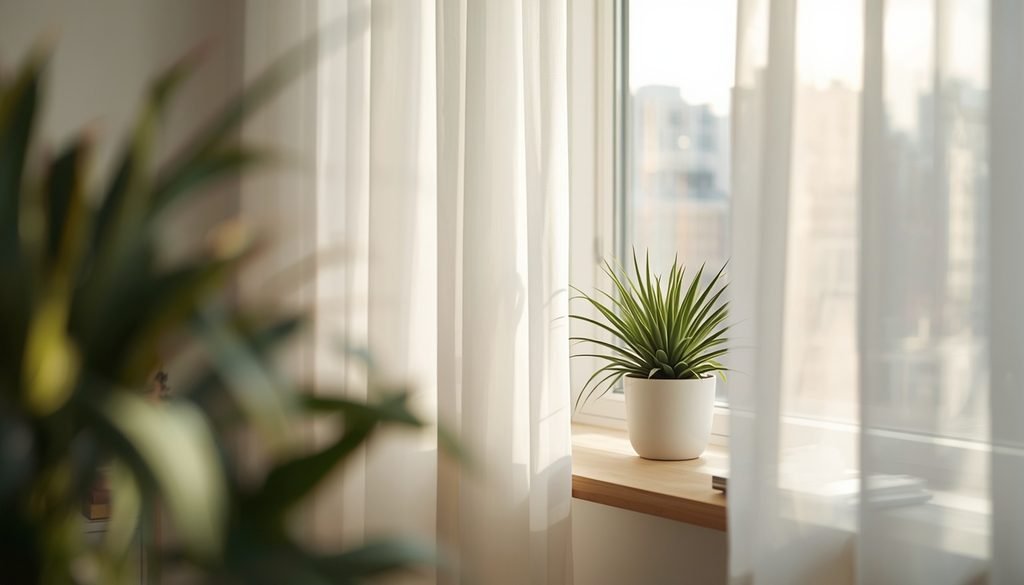 Air plant placed near a bright window with sheer curtains for indirect filtered sunlight