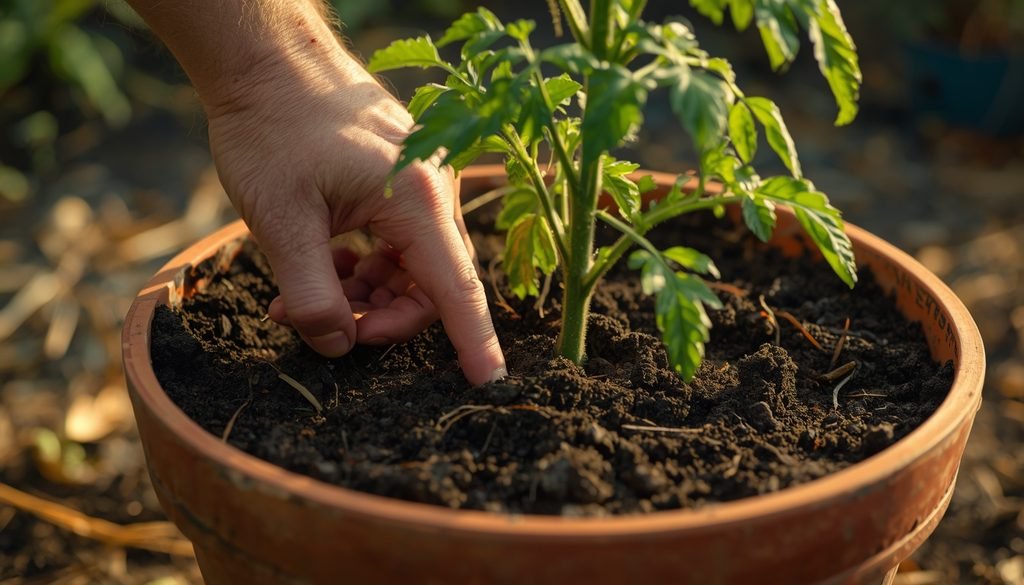 How to Grow Tomatoes in Pots: Beginner-Friendly Guide (2026) 4 Gardener checking soil moisture with a finger in a potted tomato plant