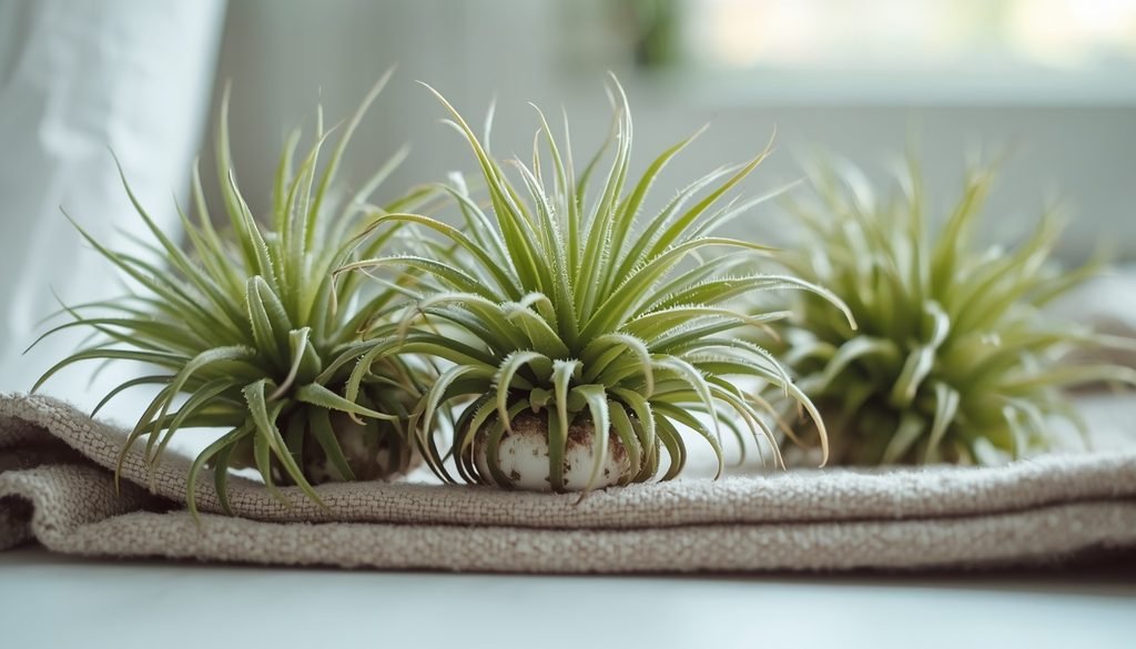 How to Water Air Plants: Soak, Dry, and Adjust (Easy Guide) 3 Air plants drying upside down on a clean towel near airflow