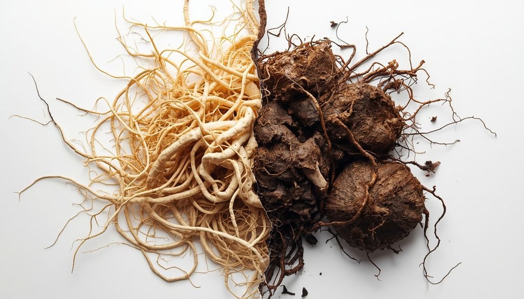 Side by side comparison of firm pale healthy plant roots and dark soft roots affected by root rot