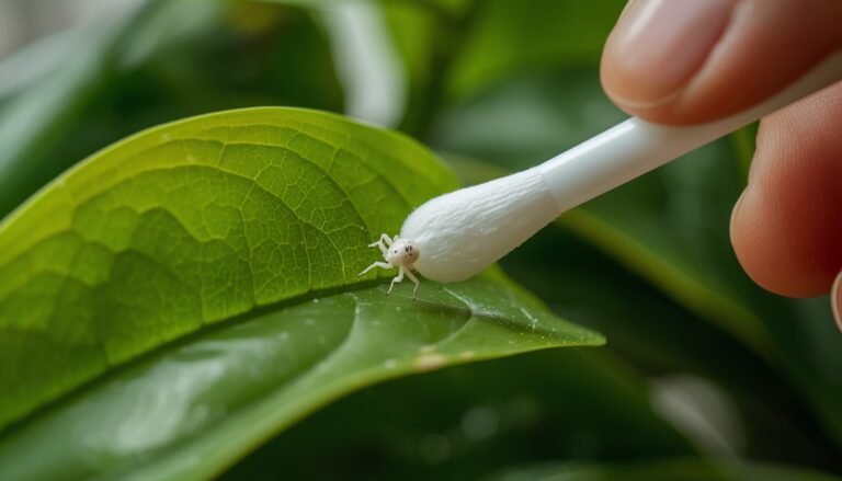A close-up view of a houseplant leaf showing white cottony mealybugs being treated with a cotton swab