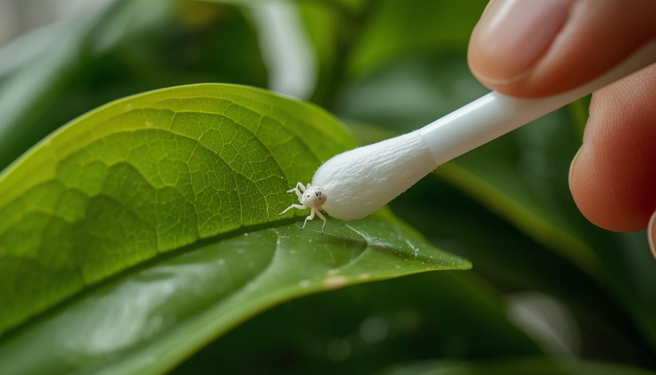 A close-up view of a houseplant leaf showing white cottony mealybugs being treated with a cotton swab