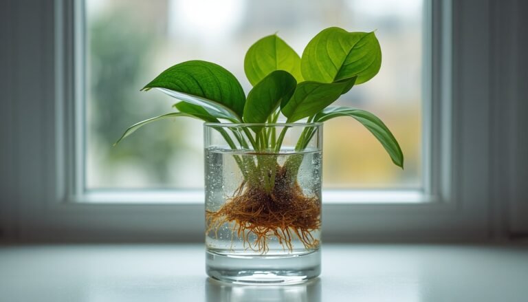How to propagate pothos: cutting in a clear glass with the node underwater and leaves above the rim