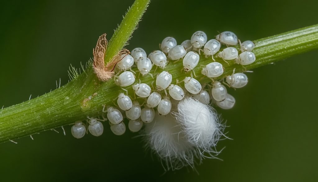 How to Get Rid of Mealybugs on Houseplants and Outdoor Plants 2 How to Get Rid of Mealybugs
Close-up of a mealybug colony with white waxy coating on a plant stem