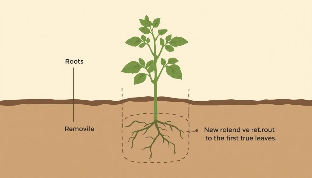 How to Grow Tomatoes in Pots: Beginner-Friendly Guide (2026) 3 How to Grow Tomatoes in Pots
Diagram of a tomato seedling planted deep with the stem buried to the first leaves