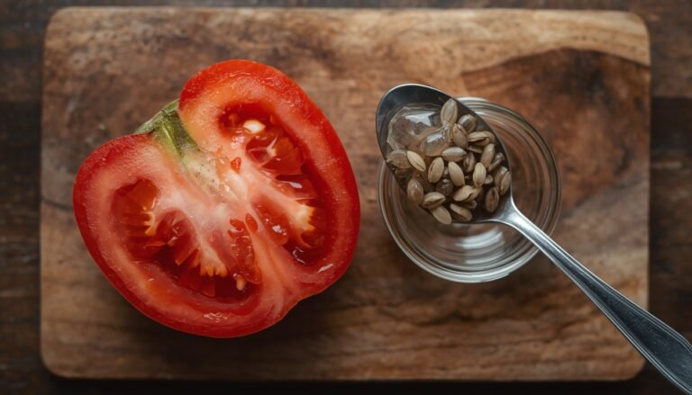 Scooping fresh tomato seeds from a sliced ripe tomato for planting