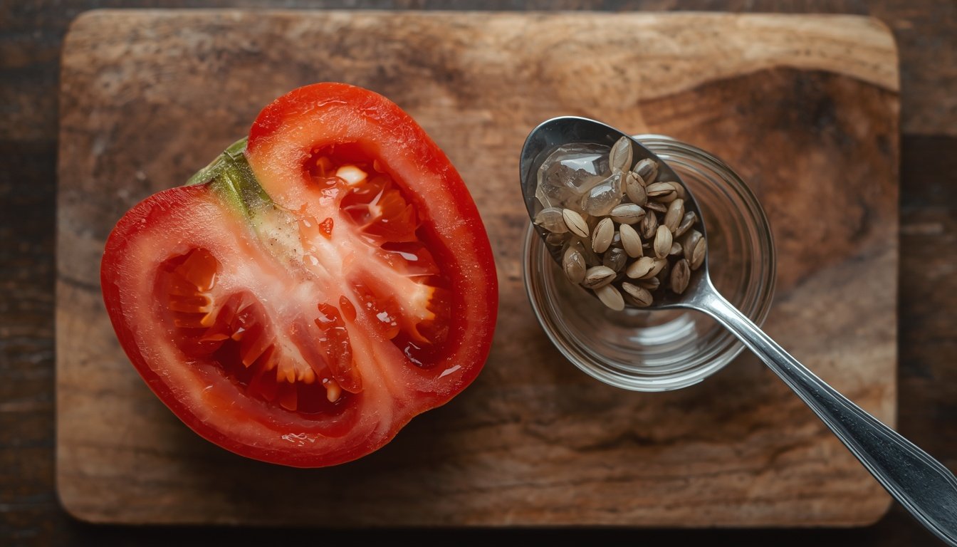 Scooping fresh tomato seeds from a sliced ripe tomato for planting
