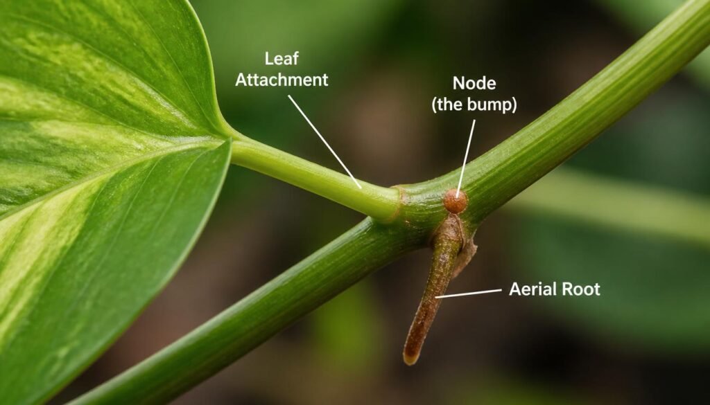Close-up of a pothos stem node showing the leaf attachment point, leaf bud, and aerial root