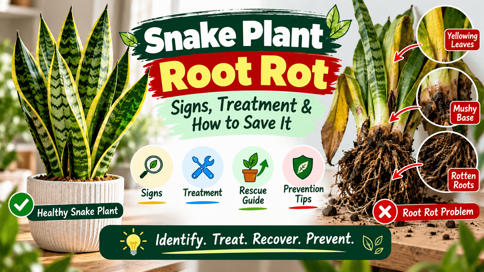 Snake plant root rot signs showing yellow leaves, mushy base and rotten roots