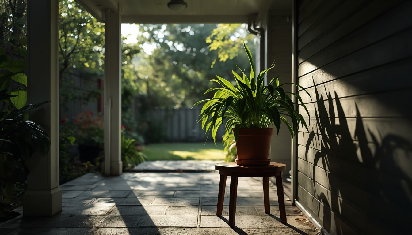 Potted spider plant placed in shade on a porch during gradual outdoor acclimation
