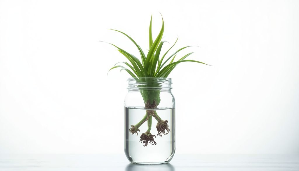 How to Propagate Spider Plant: complete guide (2026) 4 Spider plant baby in a narrow glass with only its base in the water and the leaves above the surface