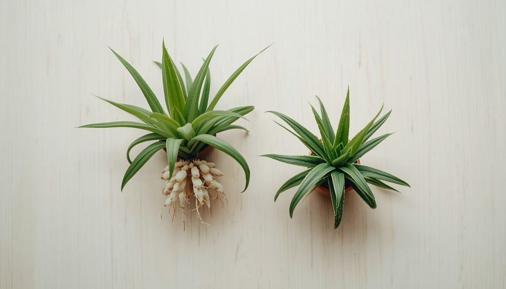 How to Propagate Spider Plant: complete guide (2026) 2 Two spider plant babies side by side, one with small root nubs at the base and one with a smooth base