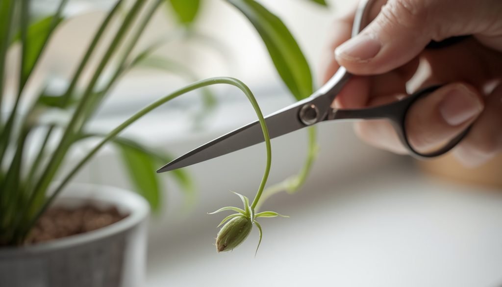 How to Propagate Spider Plant: complete guide (2026) 3 Scissors cutting a spider plant runner just outside the base of a plantlet, leaving a short stub of stem