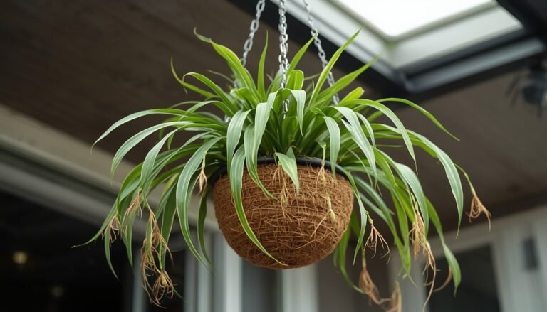 Variegated spider plant in a terracotta pot on a shaded patio with soft filtered light