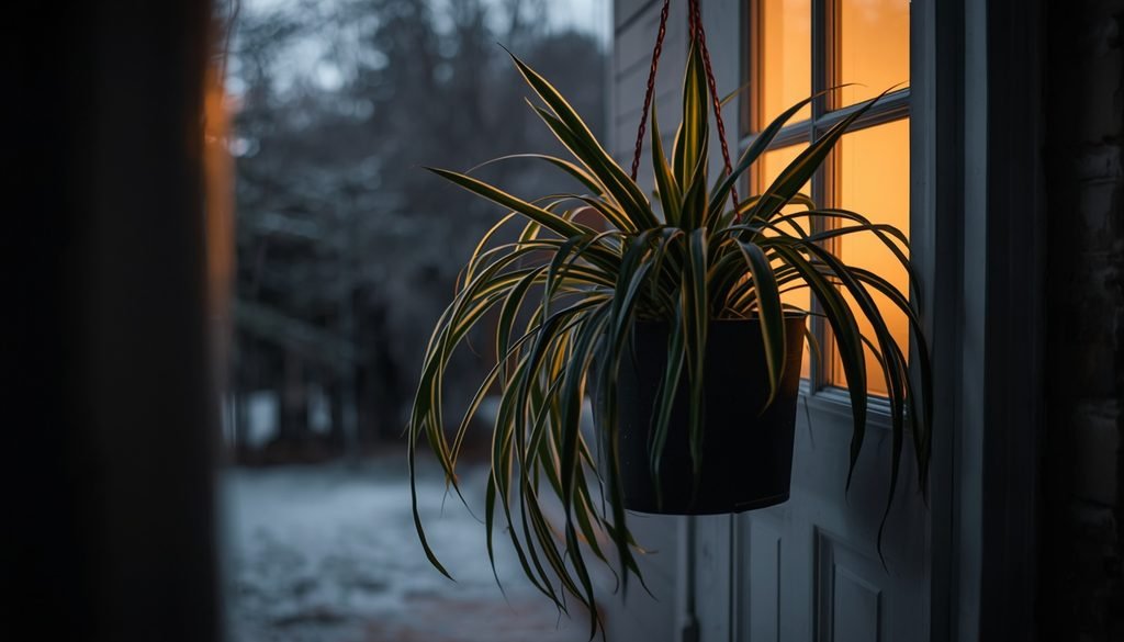 Spider plant with hanging plantlets in a coir lined basket under a shaded roof