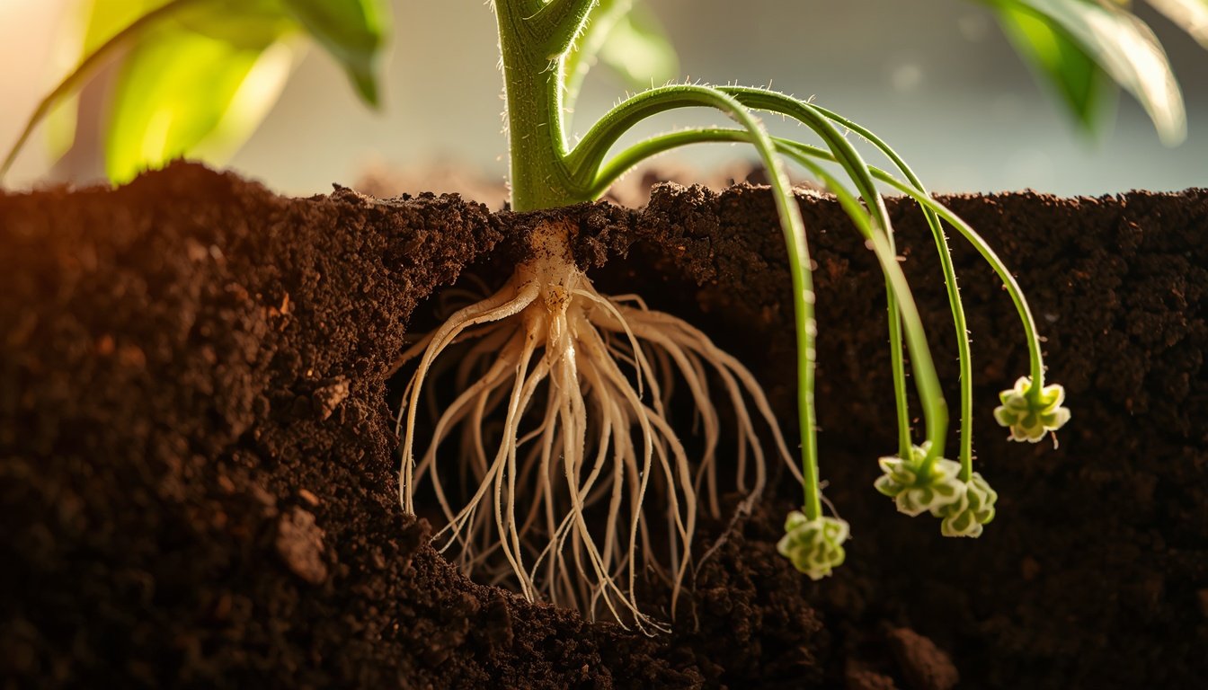 Spider plant babies hanging from runners, showing how to propagate spider plant from spiderettes