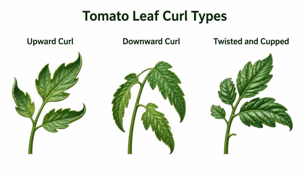 Why Are My Tomato Leaves Curling: Causes, Symptoms & Fixes 2 why are my tomato leaves curling
Diagram showing upward, downward, and twisted tomato leaf curl patterns