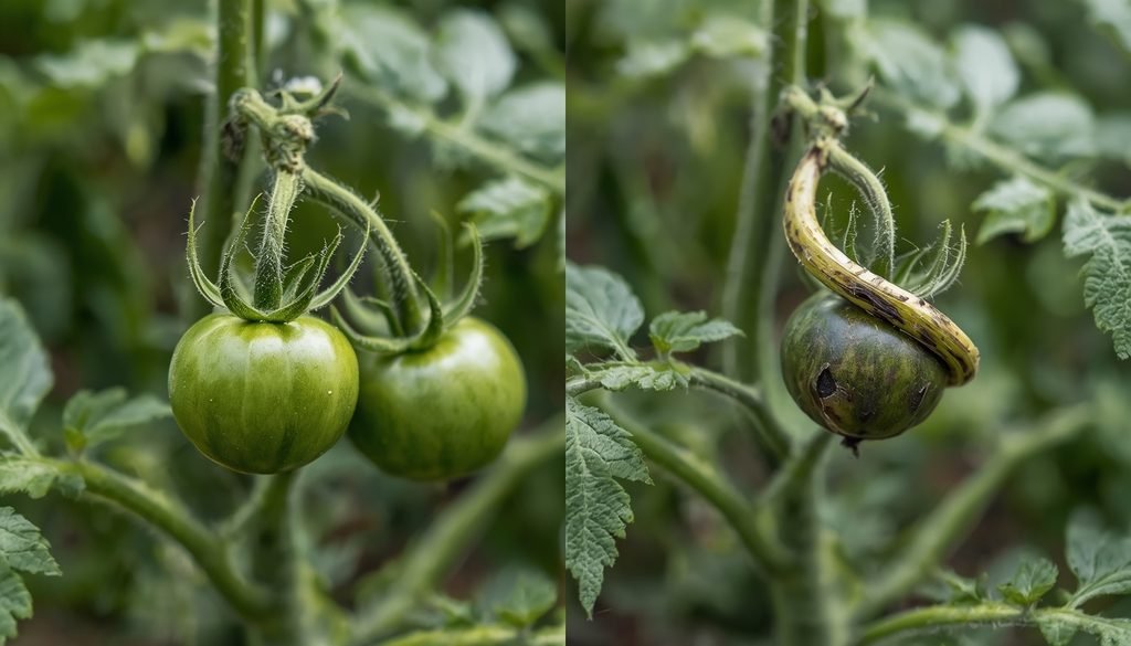 Why Are My Tomato Leaves Curling: Causes, Symptoms & Fixes 3 Comparison of normal tomato new growth versus herbicide-damaged twisted new growth