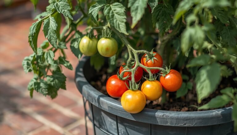 Determinate tomato plant growing in a large pot with a support cage on a sunny patio