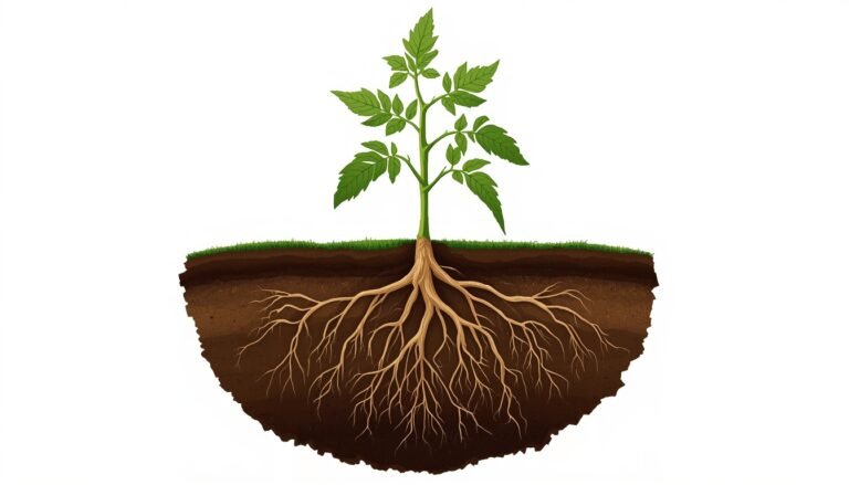 Diagram showing tomato root depth from the shallow lateral root network down to the deep primary taproot in garden soil