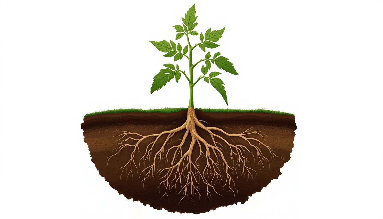Diagram showing tomato root depth from the shallow lateral root network down to the deep primary taproot in garden soil