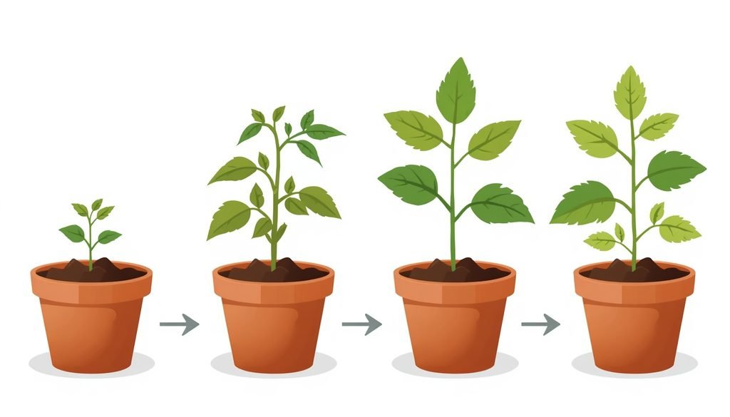 Planting Tomato Seeds From Tomatoes: Easy Guide 2026 4 Four growth stages of a tomato seedling from sprout to true leaves