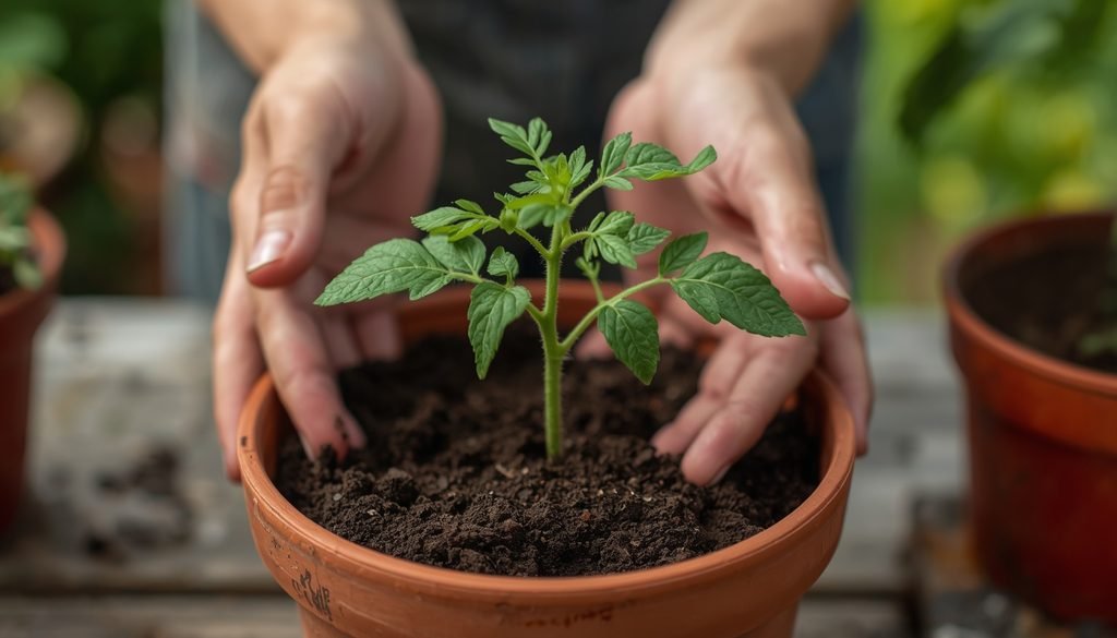 Can You Grow Tomatoes From Tomato? Yes, Here Is How (2026) 5 Hands transplanting a young tomato seedling into a larger pot of soil