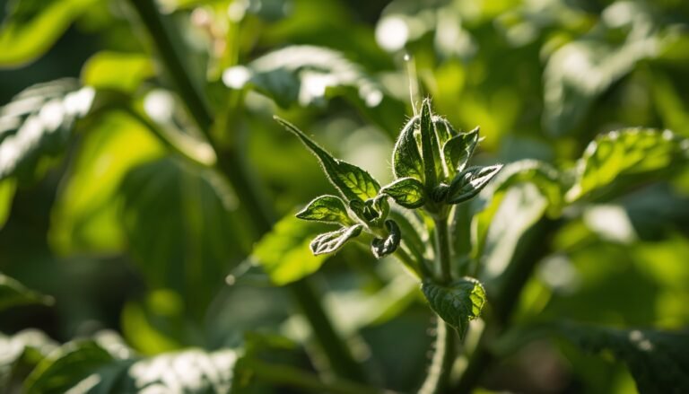 Close-up of curling tomato leaves on a healthy green plant showing physiological leaf roll symptoms in a garden