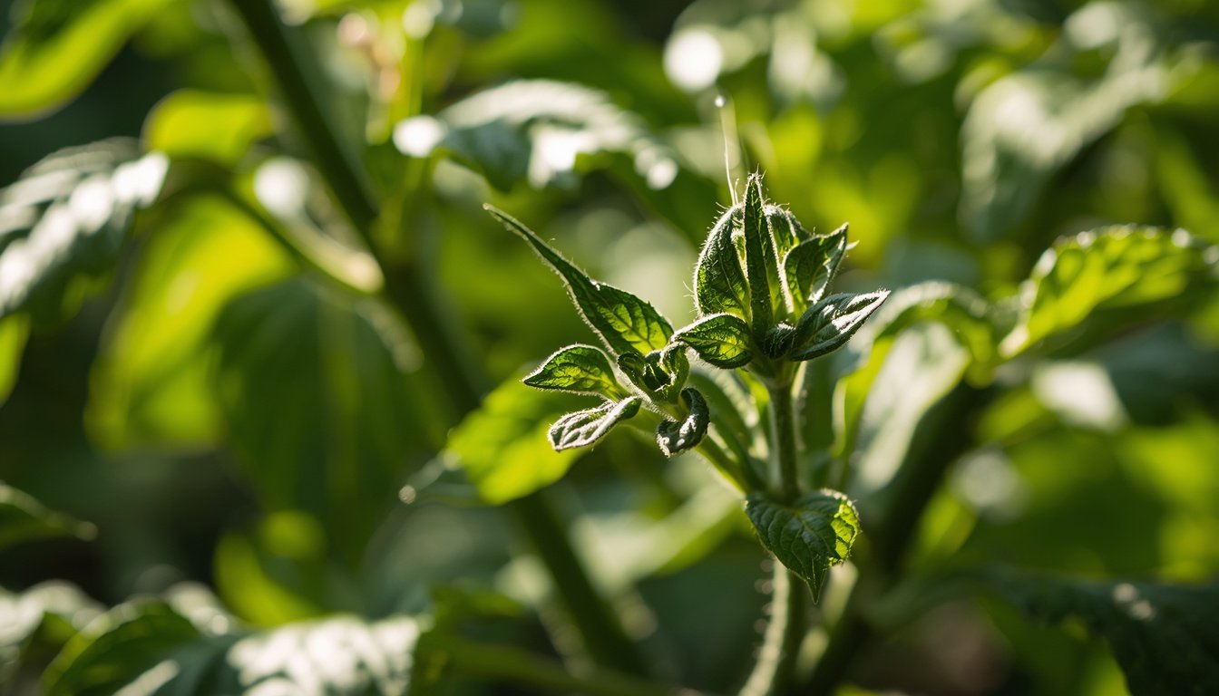Close-up of curling tomato leaves on a healthy green plant showing physiological leaf roll symptoms in a garden