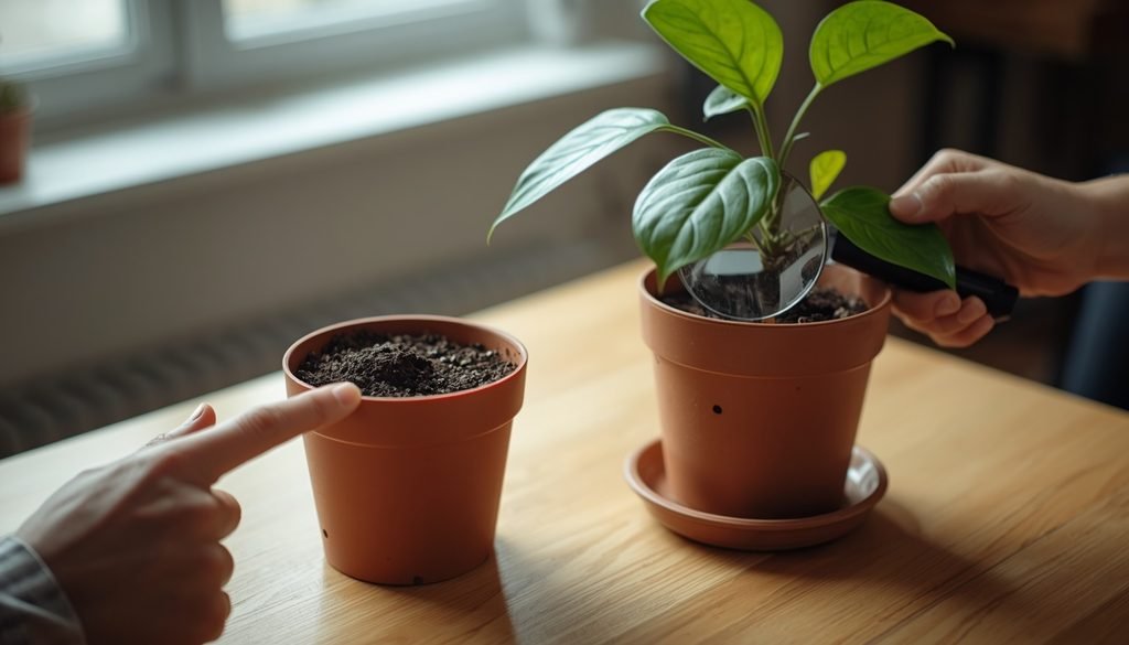 Why Are My Indoor Plants Dying? Causes & Fixes Guide (2026) 3 A person testing soil moisture with a finger while a magnifying glass rests beside a potted houseplant.