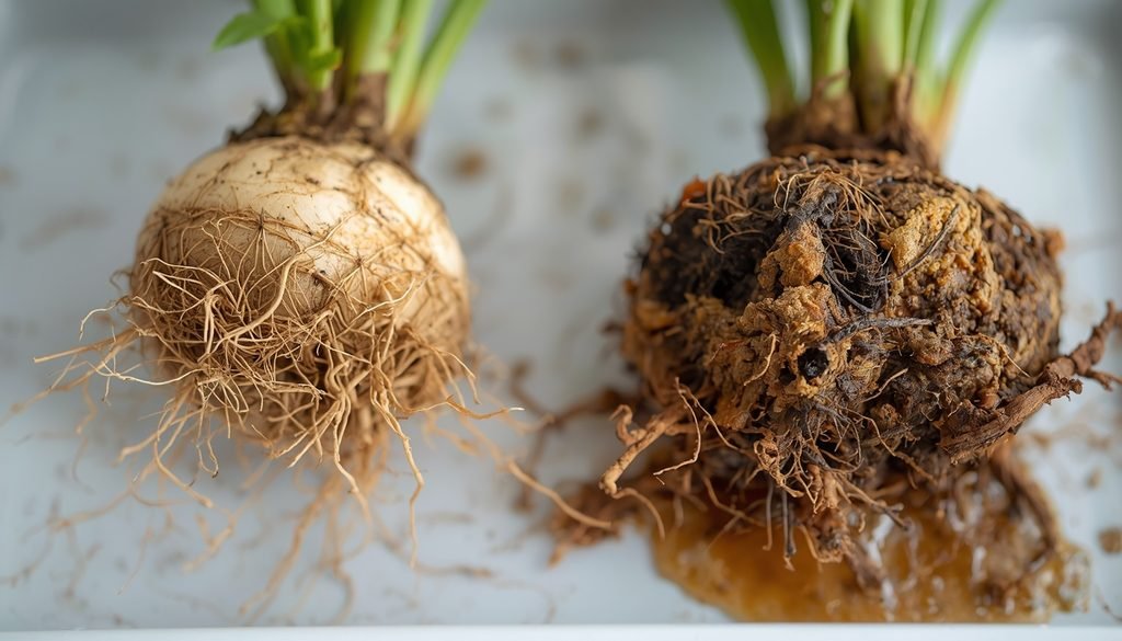 Why Are My Indoor Plants Dying? Causes & Fixes Guide (2026) 2 Why Are My Indoor Plants Dying
Close up of firm pale healthy roots next to dark, soft, rotten roots from an overwatered houseplant.