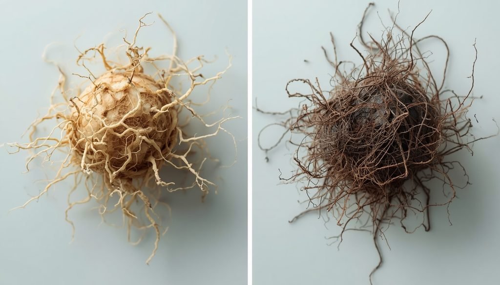 How to Fix an Overwatered Plant: Help & Recover (Guide 2026) 4 Side by side comparison of firm white plant roots and brown mushy roots affected by root rot