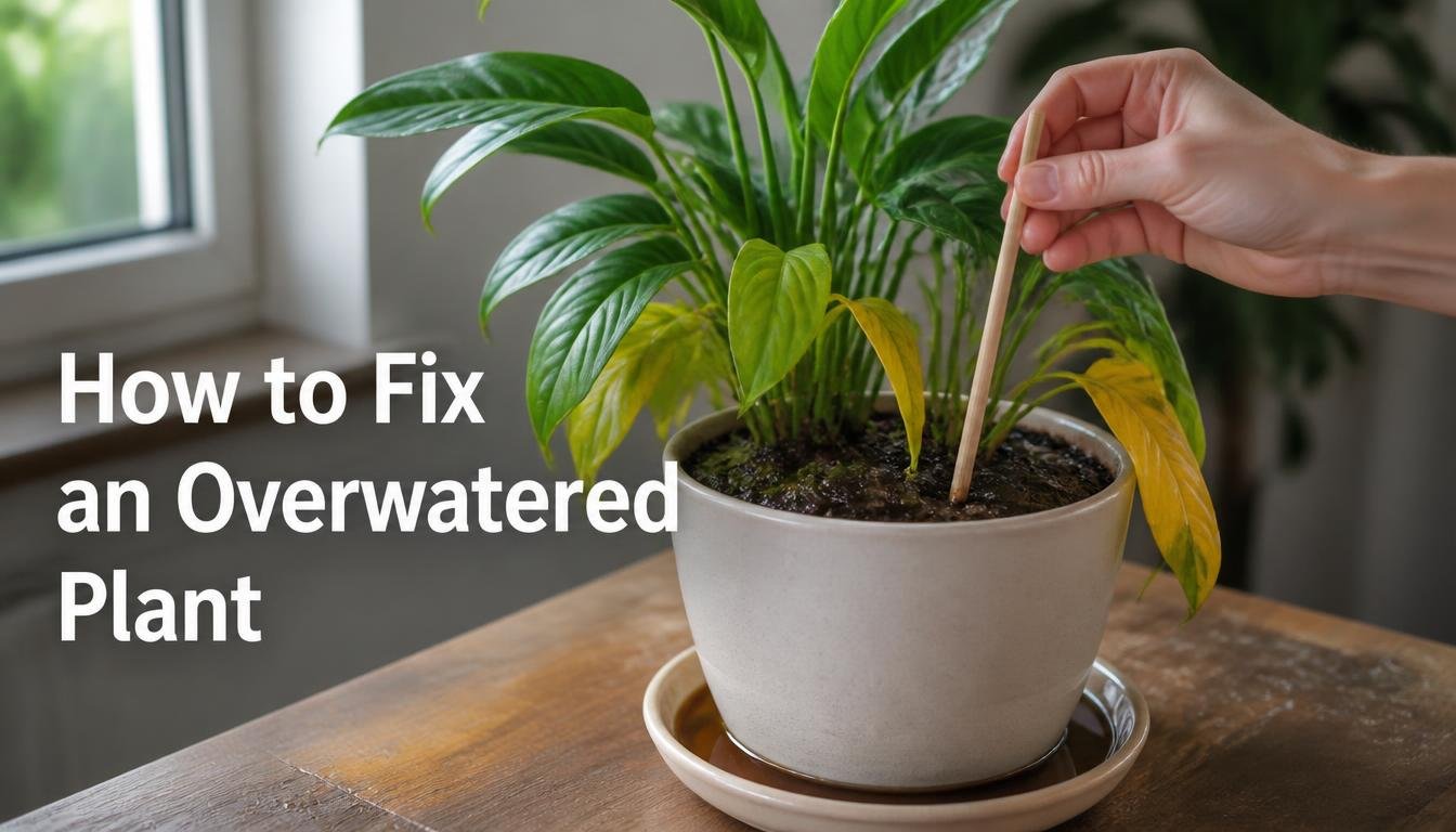 Houseplant with drooping yellow leaves and wet soil while a hand checks moisture with a wooden skewer