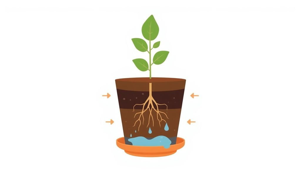 How to Fix an Overwatered Plant: Help & Recover (Guide 2026) 2 How to Fix an Overwatered Plant
Cutaway of a potted plant showing saturated soil at the bottom and water collecting in the saucer