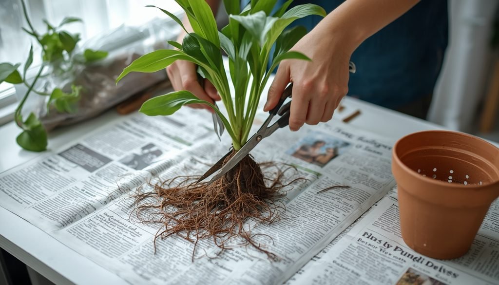 How to Fix an Overwatered Plant: Help & Recover (Guide 2026) 3 Hands trimming damaged roots with clean scissors before repotting a plant into fresh mix