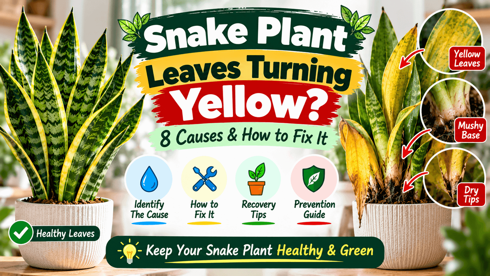 Snake plant leaves turning yellow showing yellow leaves, mushy base and dry tips