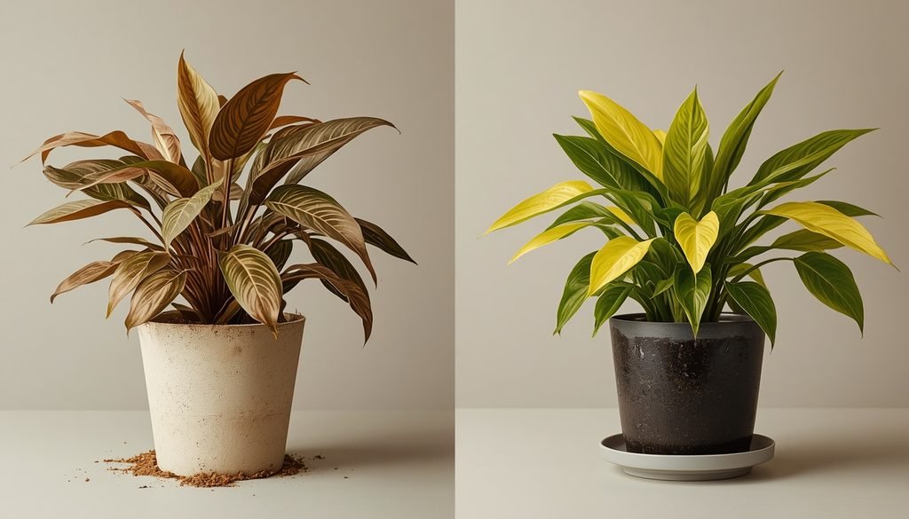 Why Are My Indoor Plants Dying? Causes & Fixes Guide (2026) 4 Why Are My Indoor Plants Dying
Two houseplants compared: one with dry soil and crispy leaf edges, the other with soggy soil and yellow limp leaves