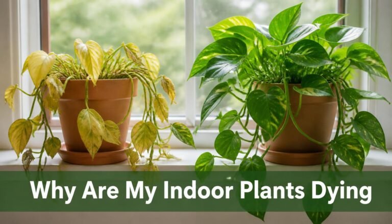 A drooping yellowing houseplant beside a healthy recovering plant on a bright windowsill with a title banner
